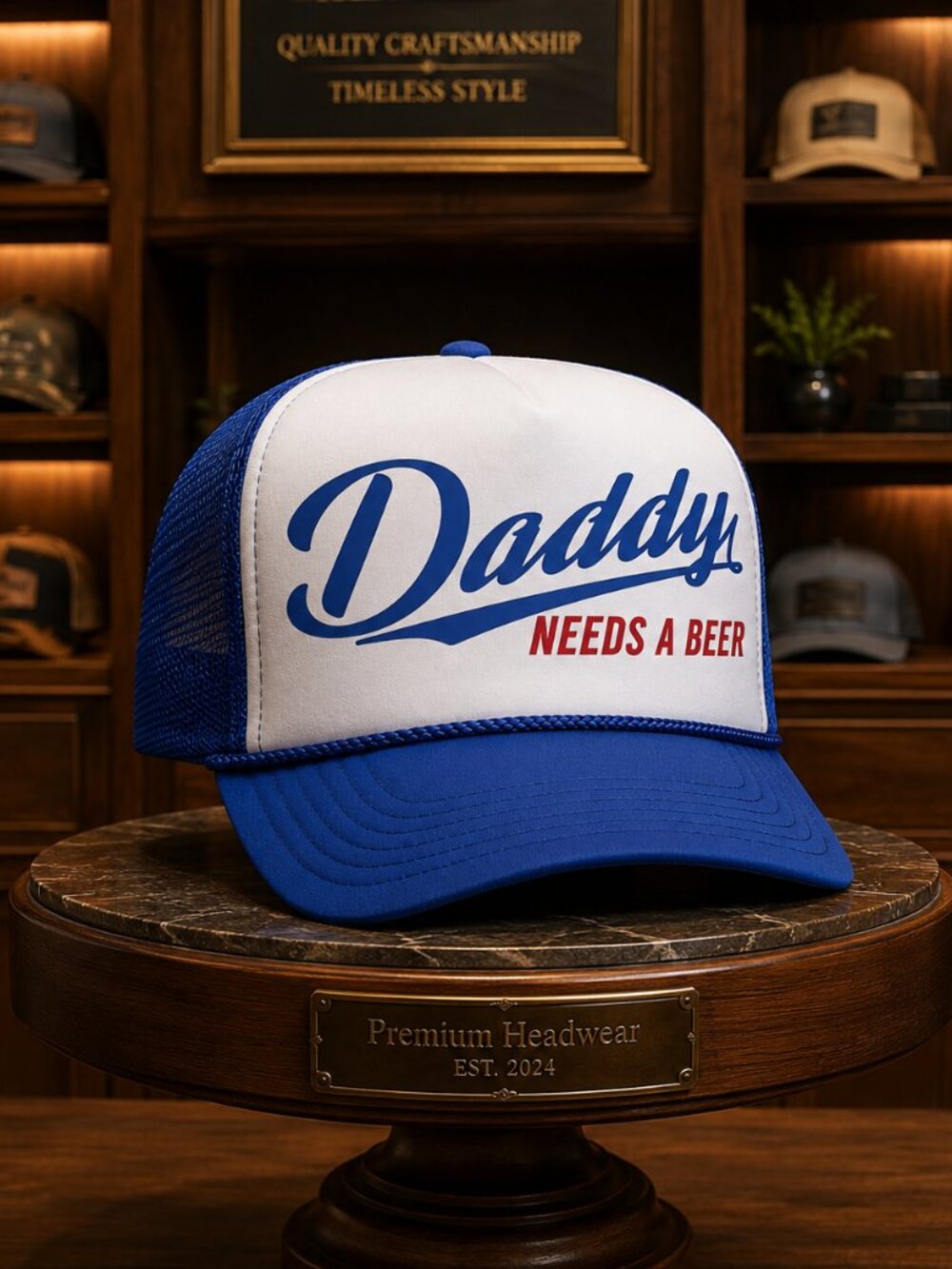 Daddy Needs A Beer Funny Humor foam trucker mesh snapback hat blue